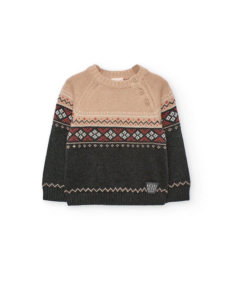 Camisola para Bebé com Estampado de Cenefas e Gola Redonda Boboli Cinzento-escuro-1