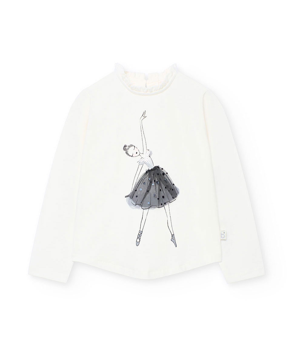 T-shirt de Algodão Infantil com Gola Decorativa e Desenho Frontal Boboli Branco-1