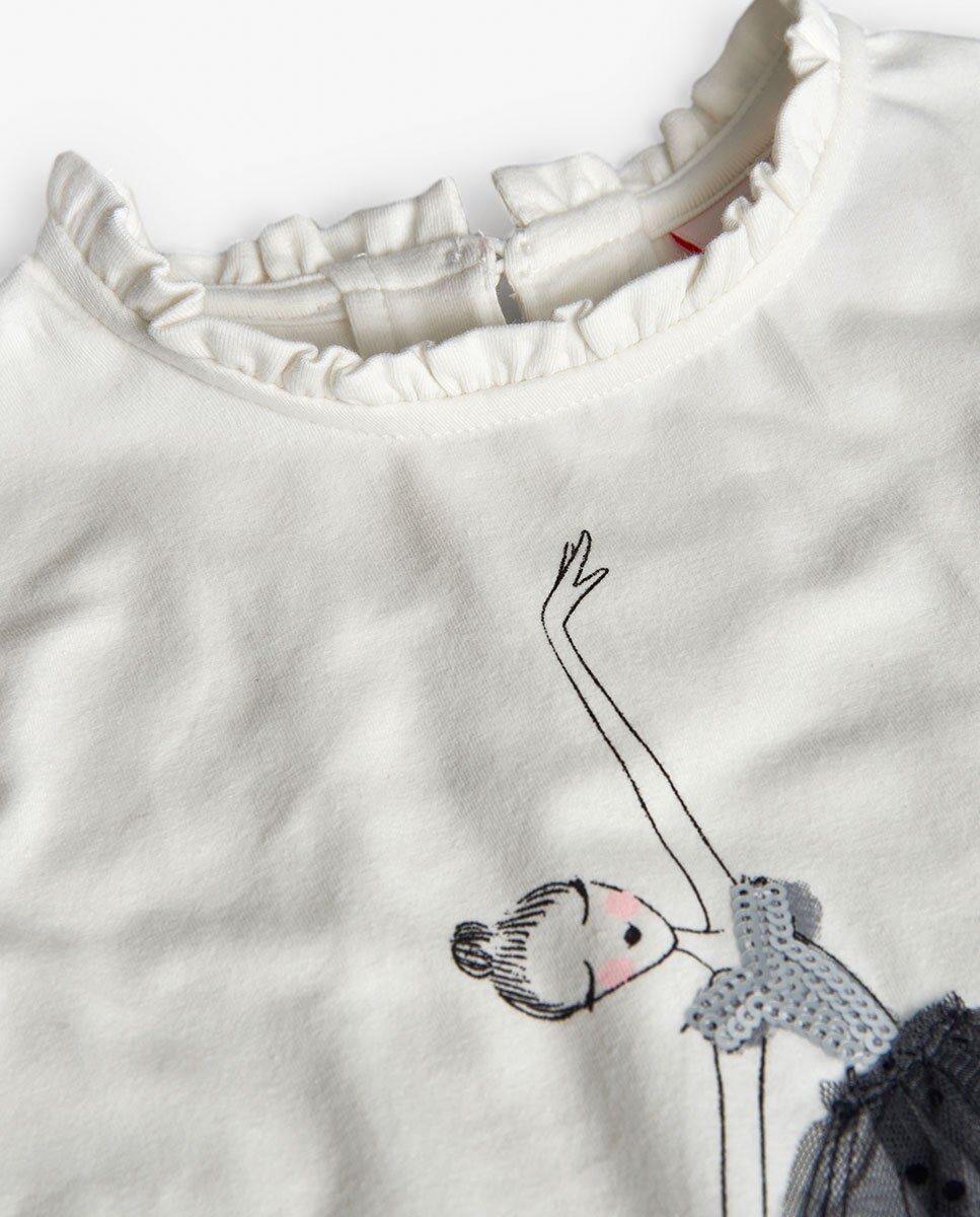 T-shirt de Algodão Infantil com Gola Decorativa e Desenho Frontal Boboli Branco-3