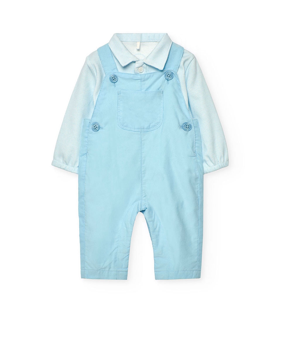 Conjunto para Bebé de Camisa Às Riscas e Jardineiras Lisas Boboli Azul-claro-1