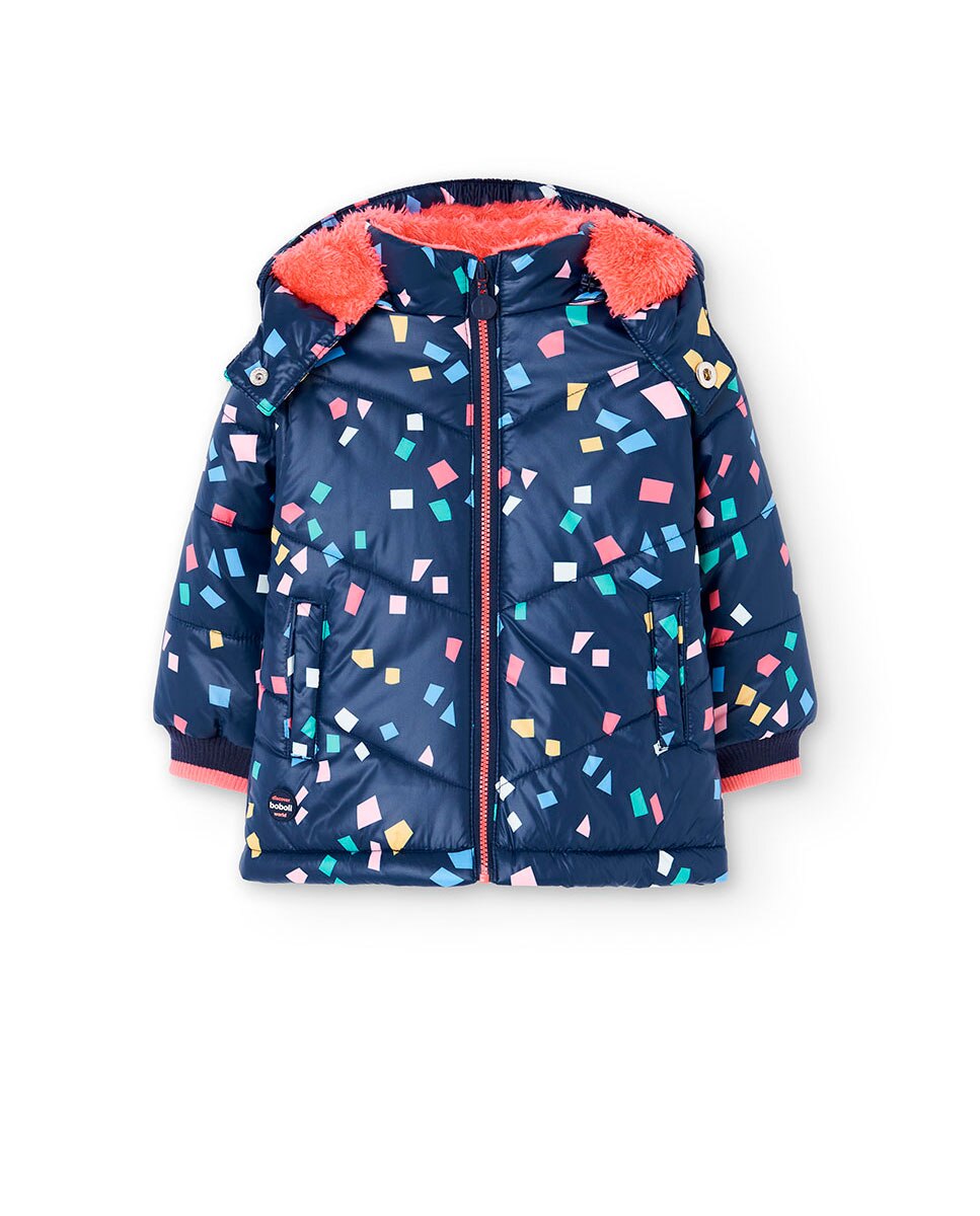Parka Comprida com Estampado e Capuz Azul-1