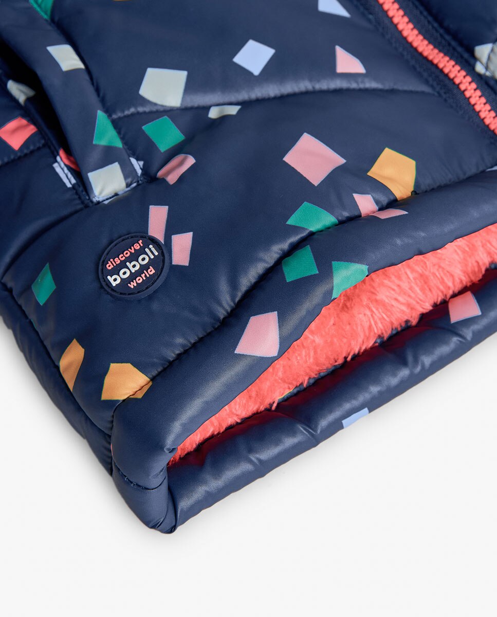 Parka Comprida com Estampado e Capuz Azul-4