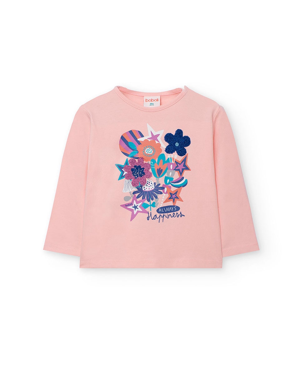 T-shirt para Bebé com Desenho Frontal e Mangas Compridas Rosa-1