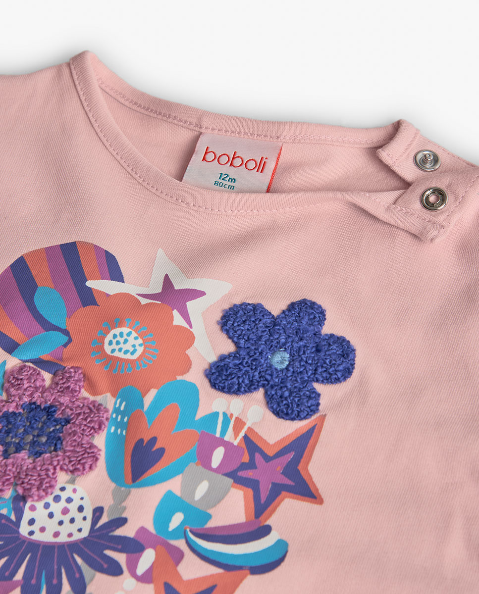 T-shirt para Bebé com Desenho Frontal e Mangas Compridas Rosa-3