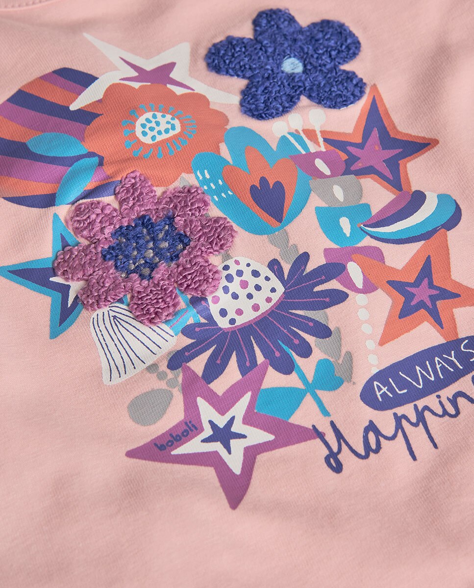 T-shirt para Bebé com Desenho Frontal e Mangas Compridas Rosa-4