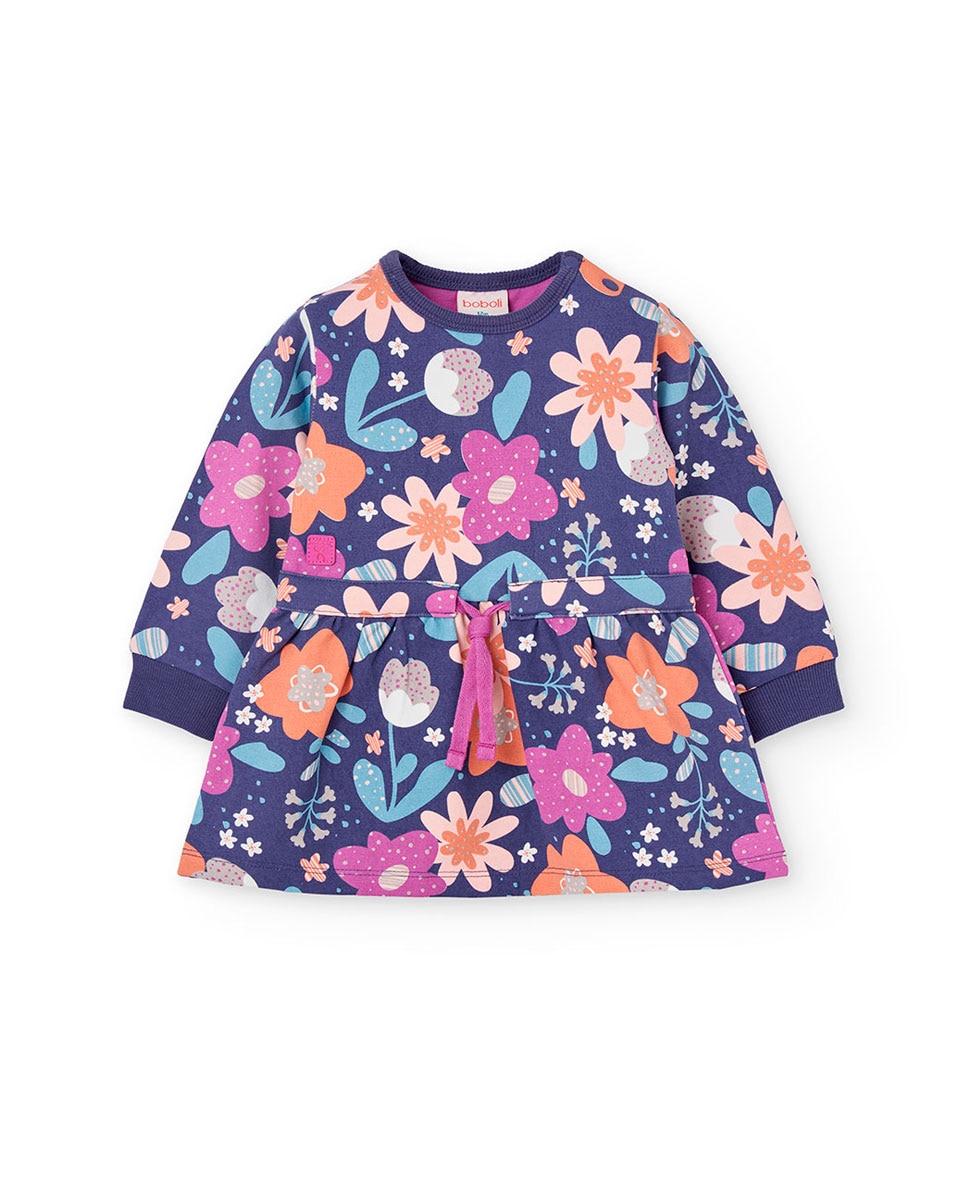 Vestido de Felpa para Bebé com Estampado de Flores e Gola Redonda Boboli Azul-marinho / Rosa-1