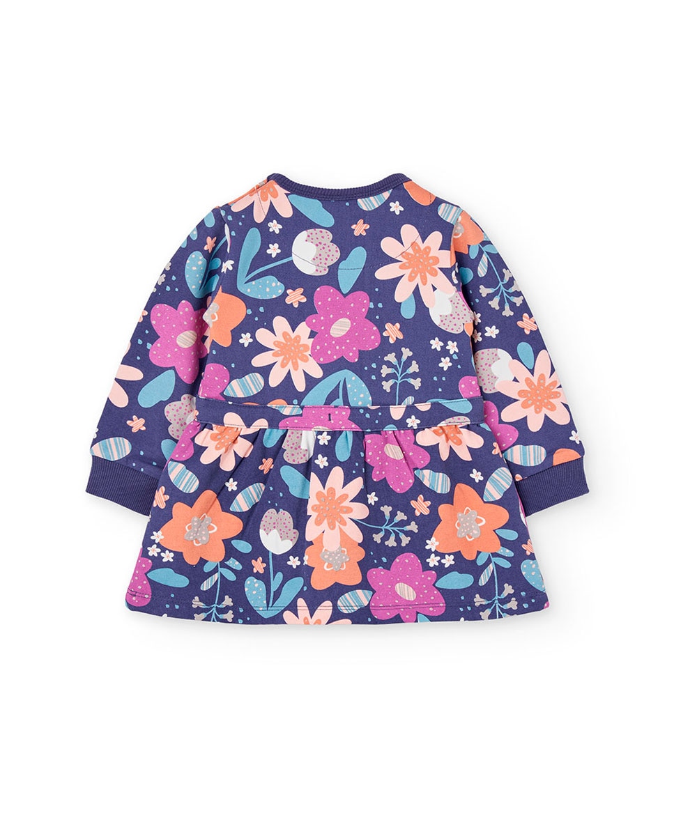 Vestido de Felpa para Bebé com Estampado de Flores e Gola Redonda Boboli Azul-marinho / Rosa-2