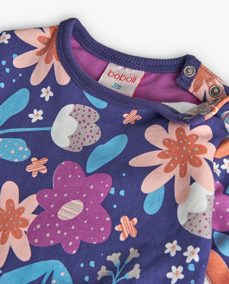 Vestido de Felpa para Bebé com Estampado de Flores e Gola Redonda Boboli Azul-marinho / Rosa-3