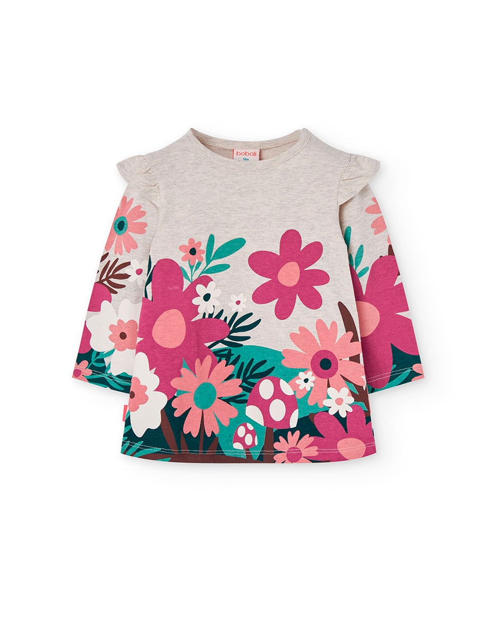Vestido para Bebé com Estampado de Flores e Gola Redonda Bege/Rosa-1