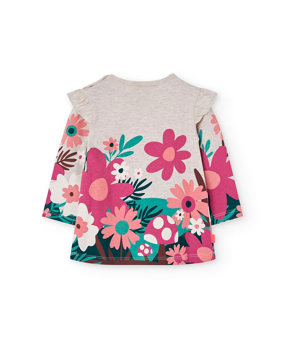 Vestido para Bebé com Estampado de Flores e Gola Redonda Bege/Rosa-2