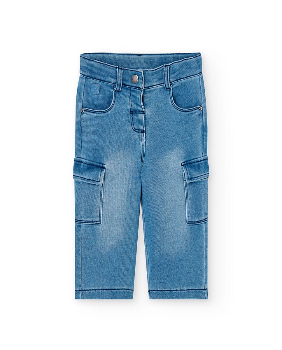 Jeans Infantil com Ajuste de Borracha e Bolsos Cargo Boboli Azul-1