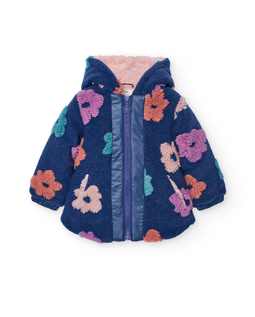 Sobretudo de Pelo de Ovelha para Bebé com Estampado Floral e Capuz Boboli Azul-marinho / Rosa-1