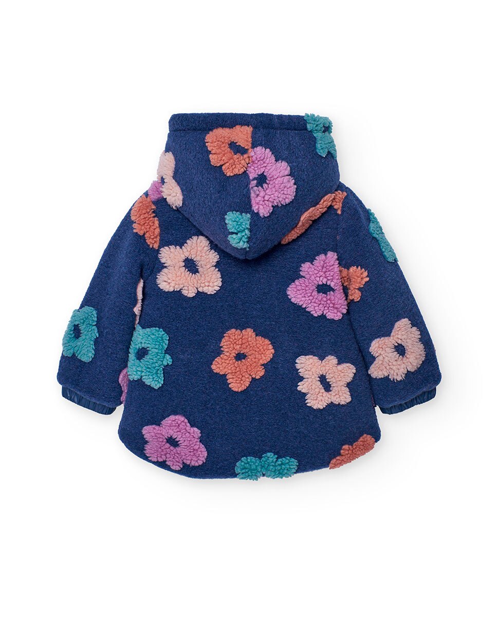 Sobretudo de Pelo de Ovelha para Bebé com Estampado Floral e Capuz Boboli Azul-marinho / Rosa-2