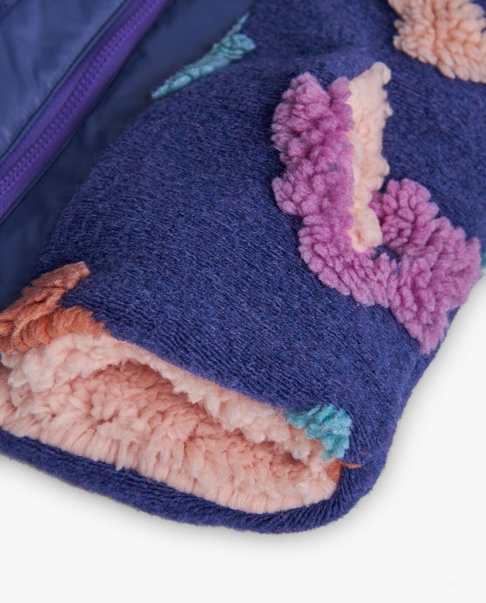 Sobretudo de Pelo de Ovelha para Bebé com Estampado Floral e Capuz Boboli Azul-marinho / Rosa-4