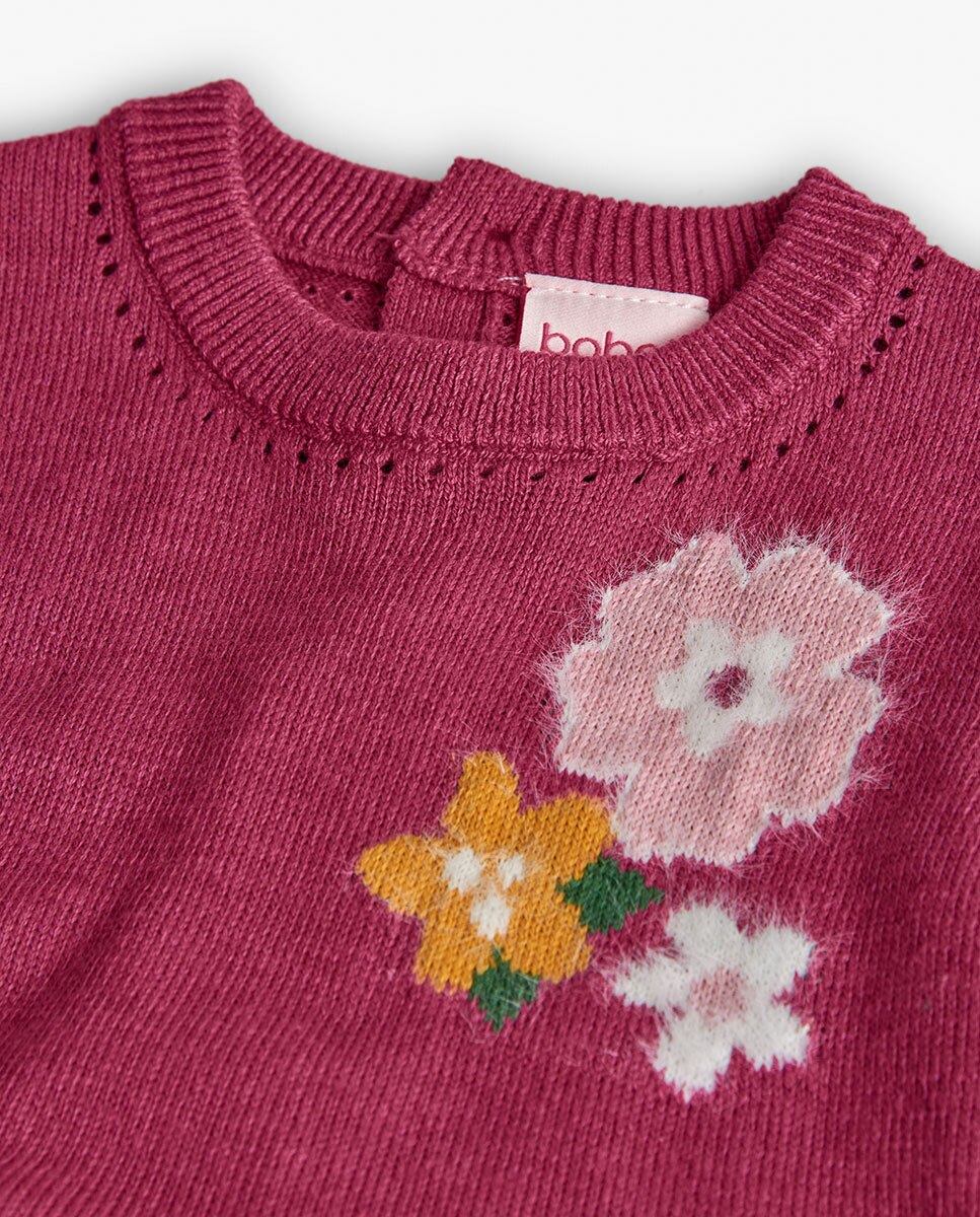 Vestido Infantil com Manga Comprida e Flores Boboli Vermelho-3