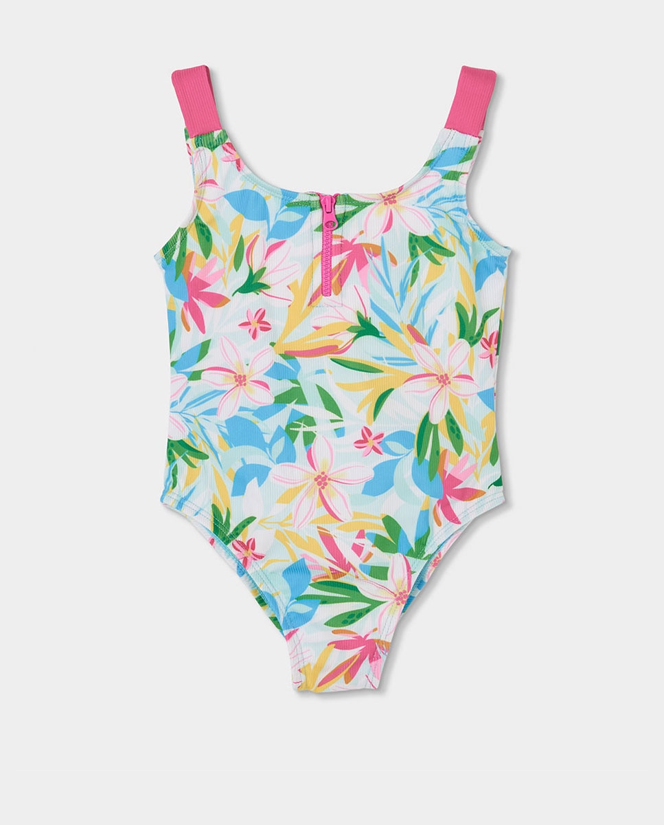 Fato de Banho em Poliamida com Flores Infantil Boboli Branco / Rosa-1