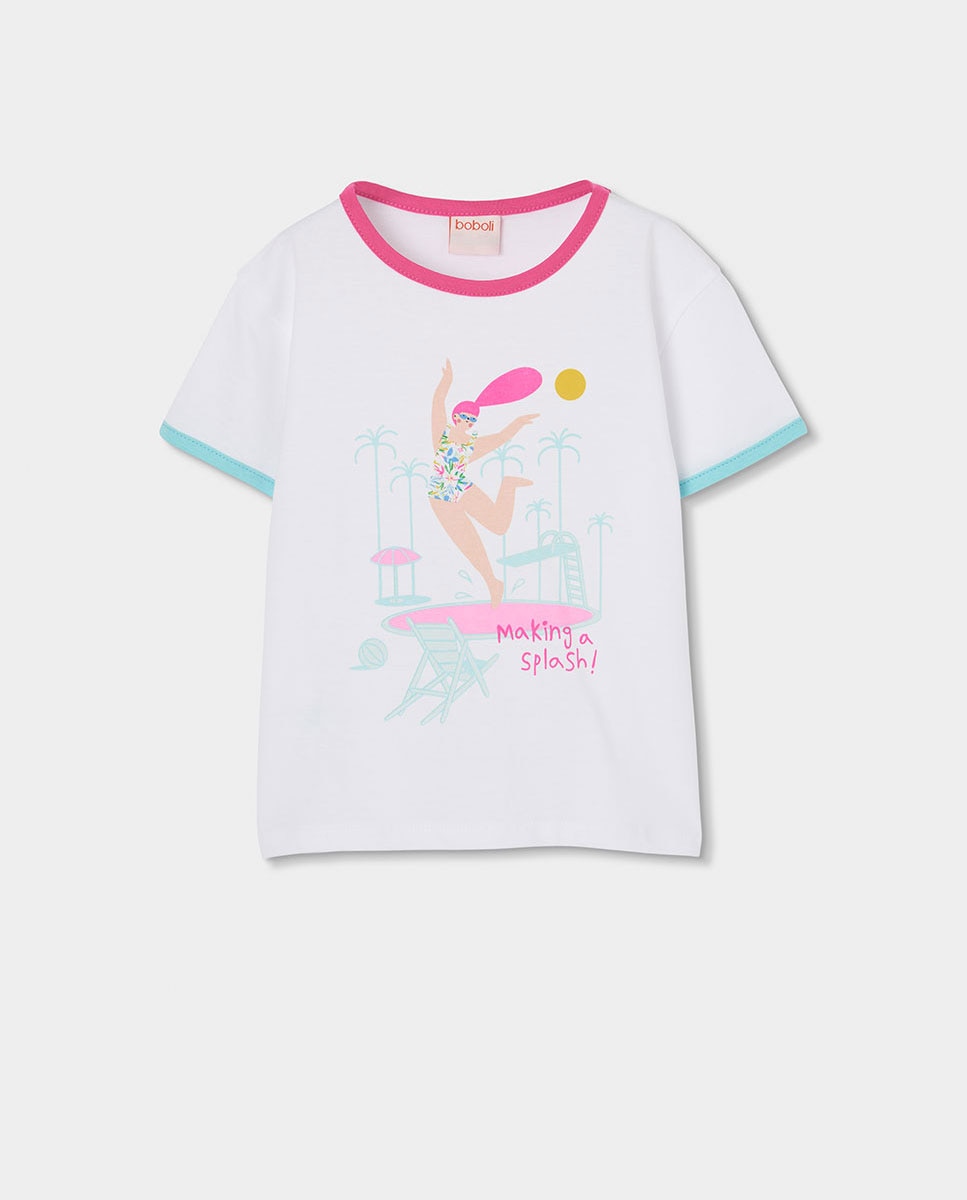 T-shirt de Malha de Manga Curta Infantil Branco / Rosa-1