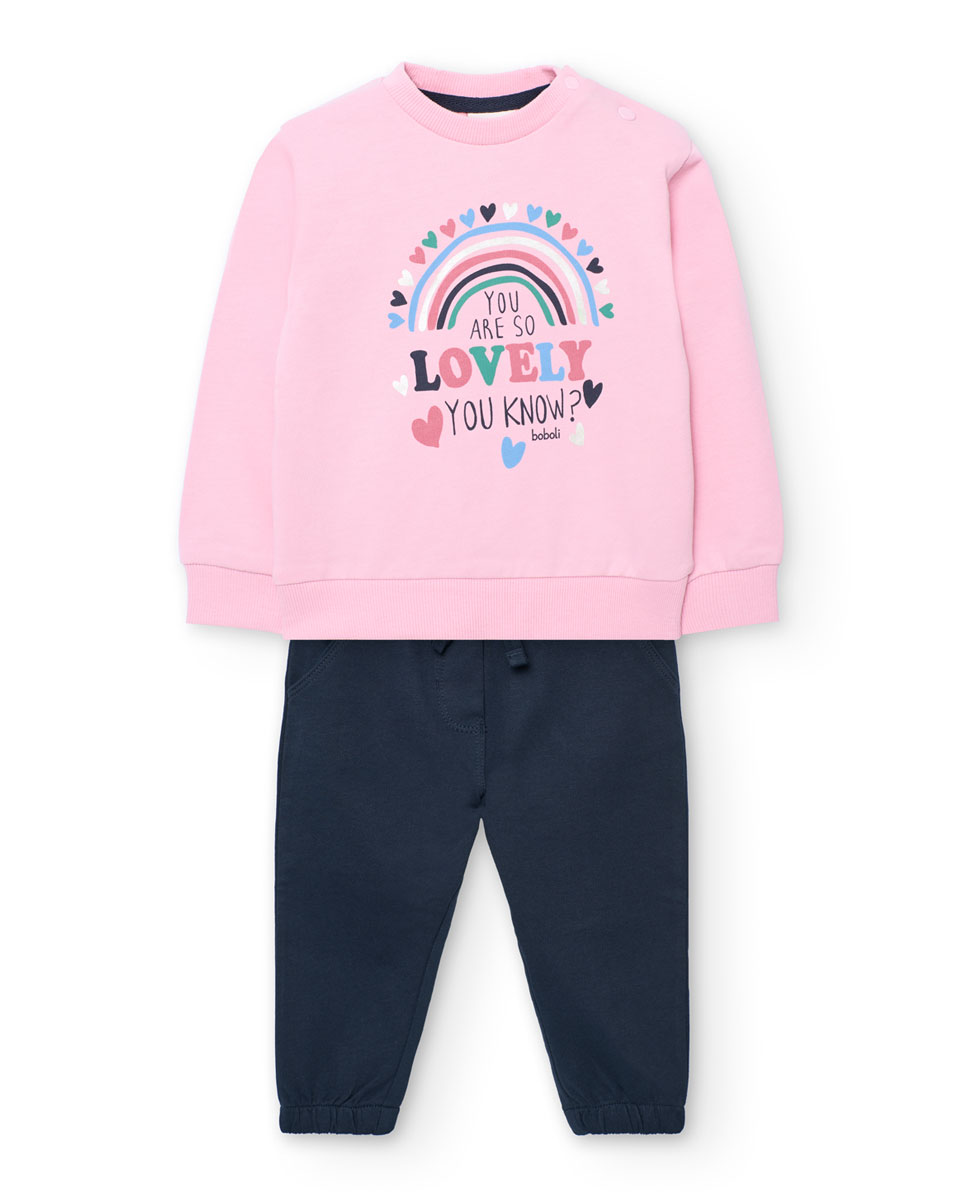 Conjunto Infantil de Sweatshirt e Calças de Felpa em Contraste Boboli Rosa-1