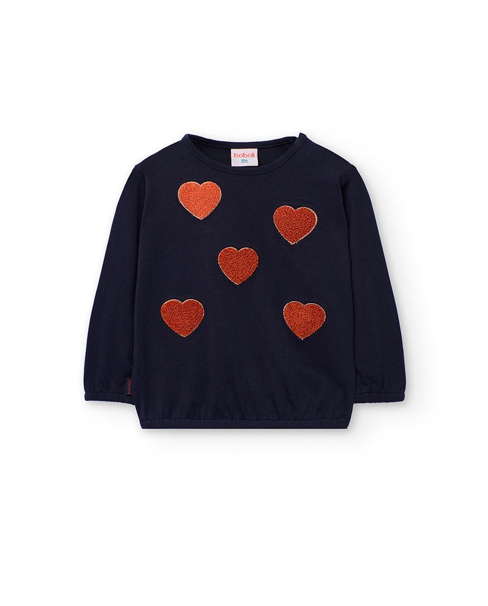 T-shirt Infantil com Estampado de Corações e Gola Redonda Boboli Azul-marinho-1