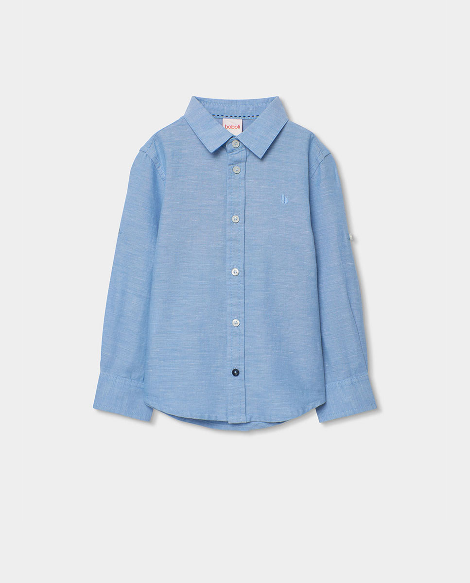 Camisa em Linho de Manga Comprida Infantil Boboli Azul-claro-1