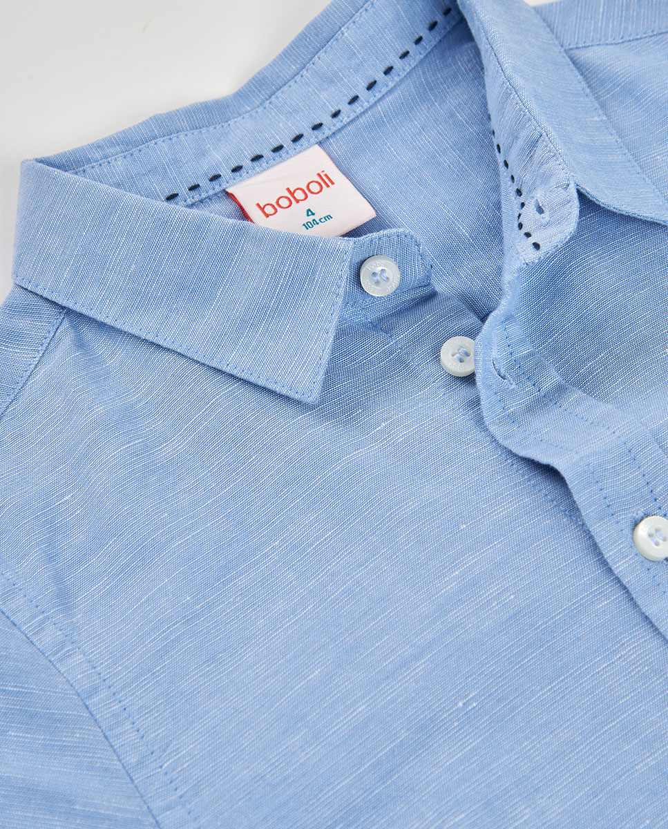 Camisa em Linho de Manga Comprida Infantil Boboli Azul-claro-3