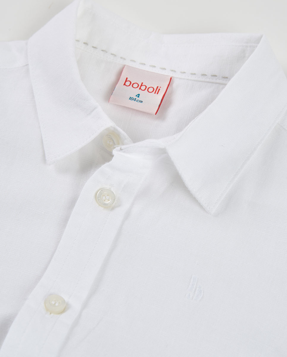 Camisa de Linho de Manga Curta Infantil Branco / Branco-3