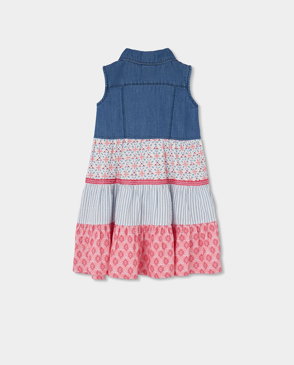 Vestido Denim Combinado Infantil Rosa / azul marinho-2