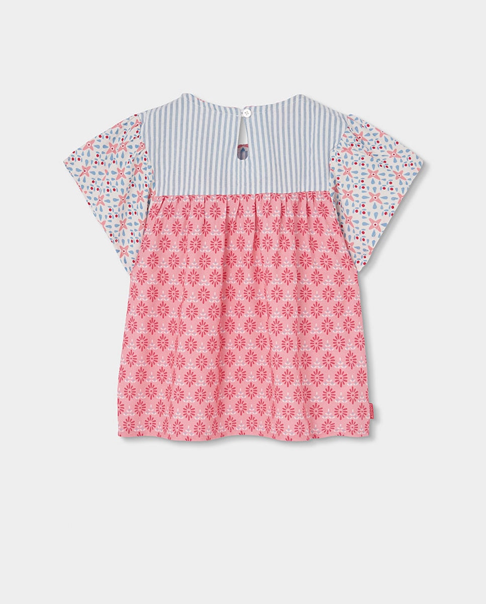 Blusa Popelina Combinada Infantil Boboli Rosa / azul marinho-2