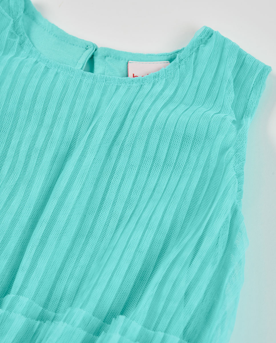 Vestido de Tule Plissado Infantil Turquesa-3
