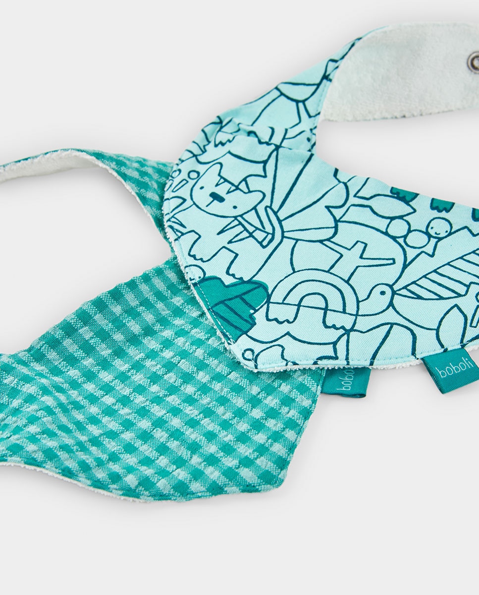 Pack de 2 Babetes de Algodão para Bebé com Estampado Aos Quadrados e Animais Verde-4