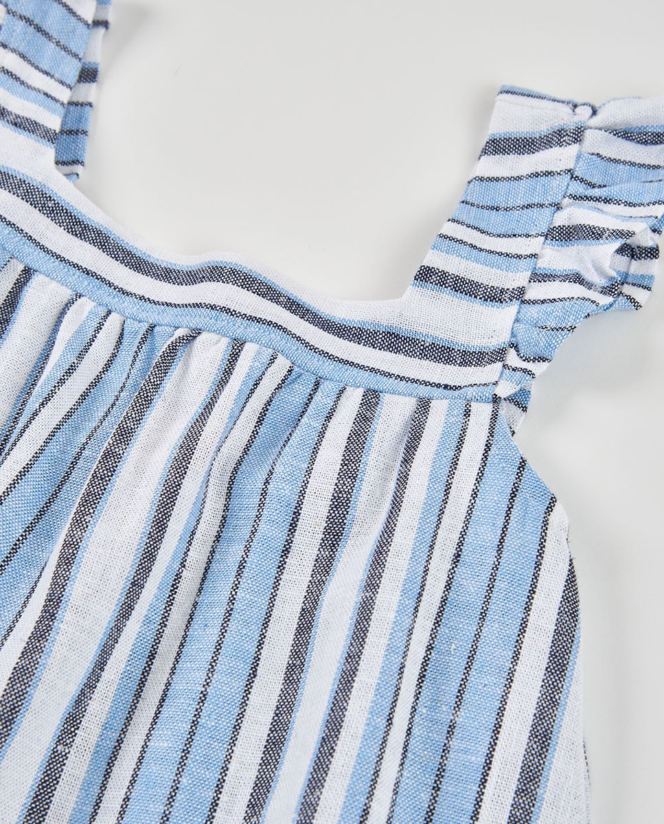 Vestido em Linho Às Riscas Infantil Azul-claro-3