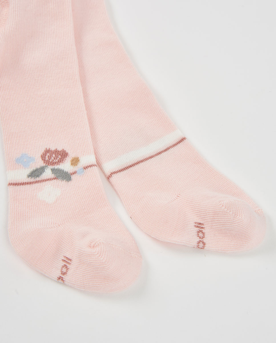 Collants Infantil com Estampado de Flores e Cintura Subida Rosa / Branco-2
