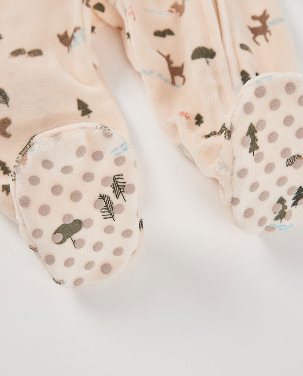 Babygrow de Veludo para Bebé com Estampado de Animais Da Floresta em Cru Boboli Cru-4