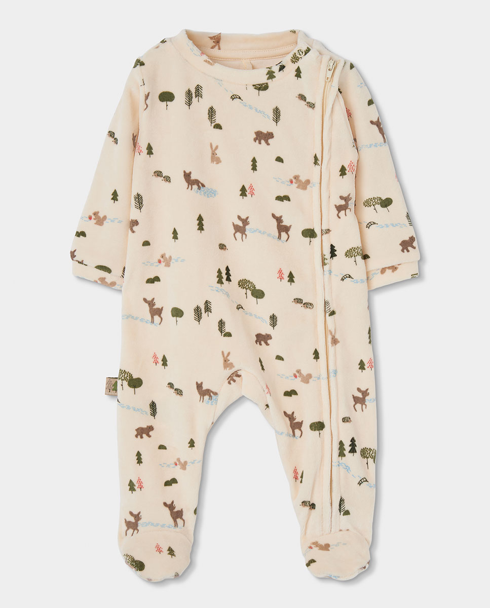 Imagem 0 de Babygrow de Veludo para Bebé com Estampado de Animais Da Floresta em Cru