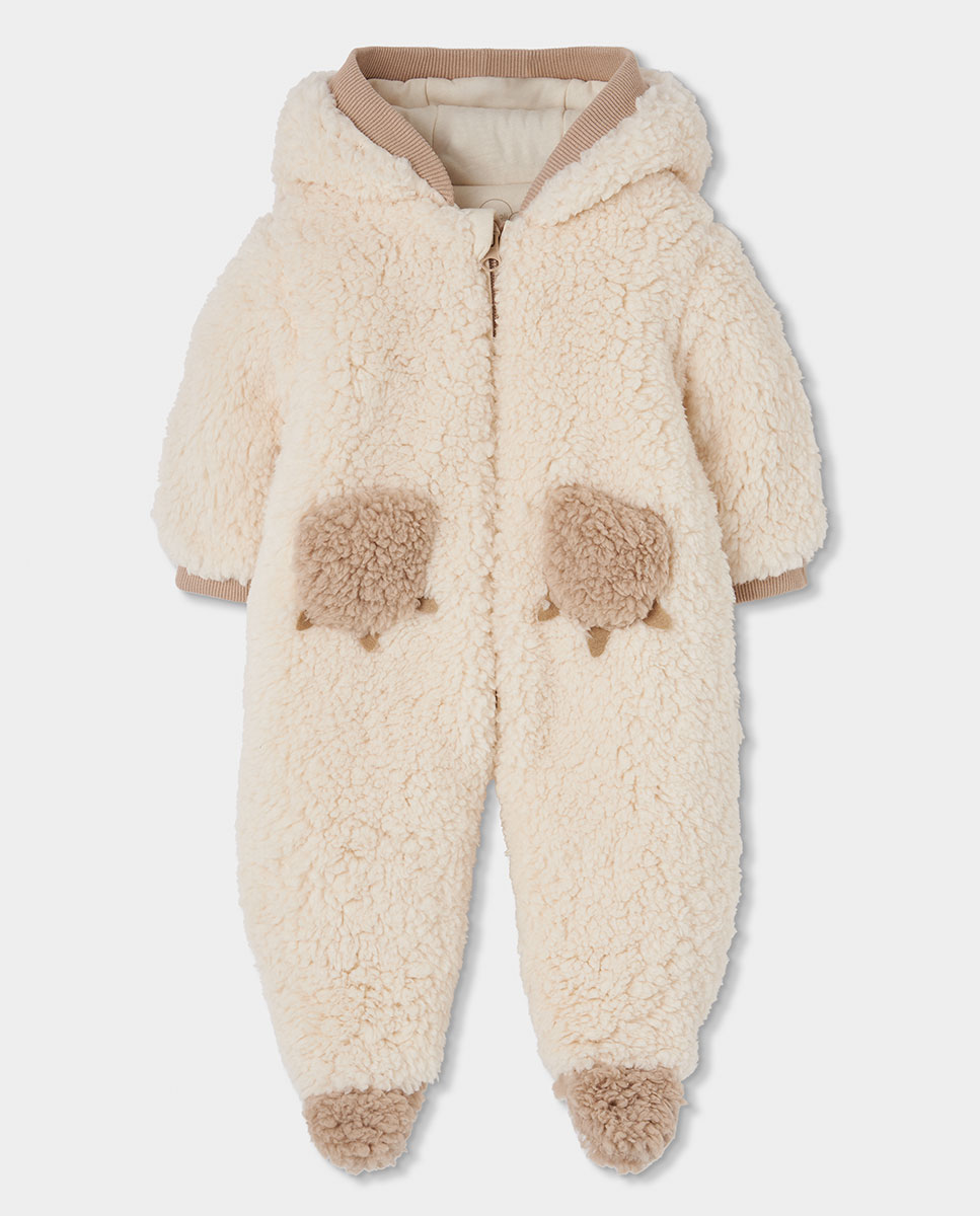 Imagem 0 de Babygrow de Pelo de Ovelha para Bebé com Capuz e Ovelhas em Relevo em Cru
