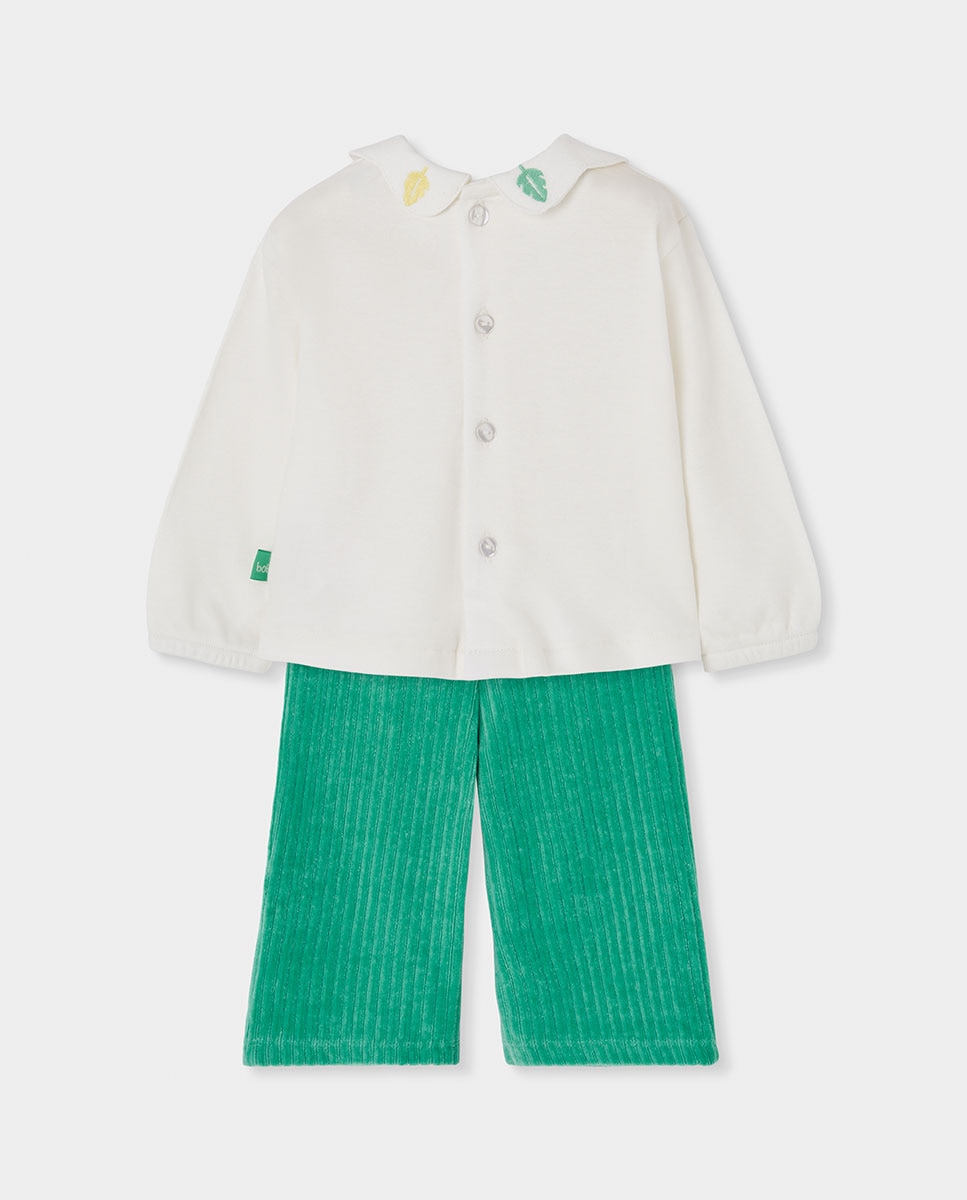 Vestido de Pana para Bebé de Manga Comprida com Gola Tipo Camisa Branco / Verde-2