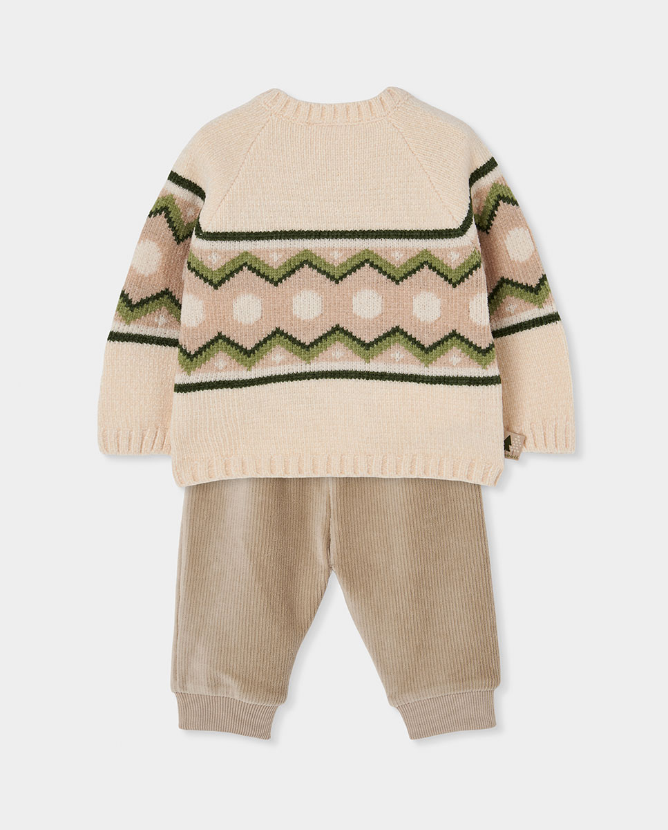 Conjunto de Malha para Bebé de Manga Comprida com Estampado de Cenefas Verde-2