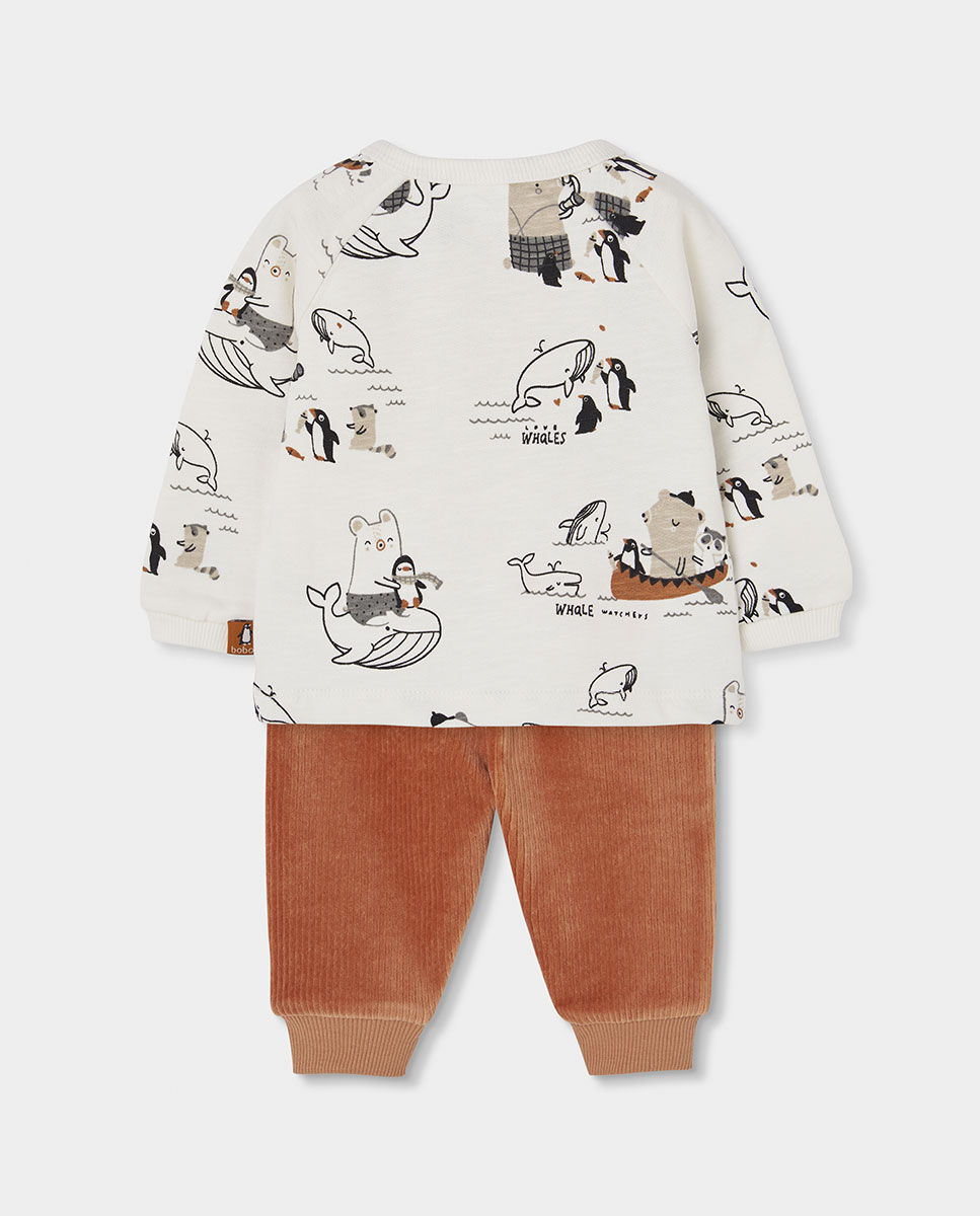 Conjunto de Malha para Bebé de Algodão de Manga Comprida Branco / Laranja-2