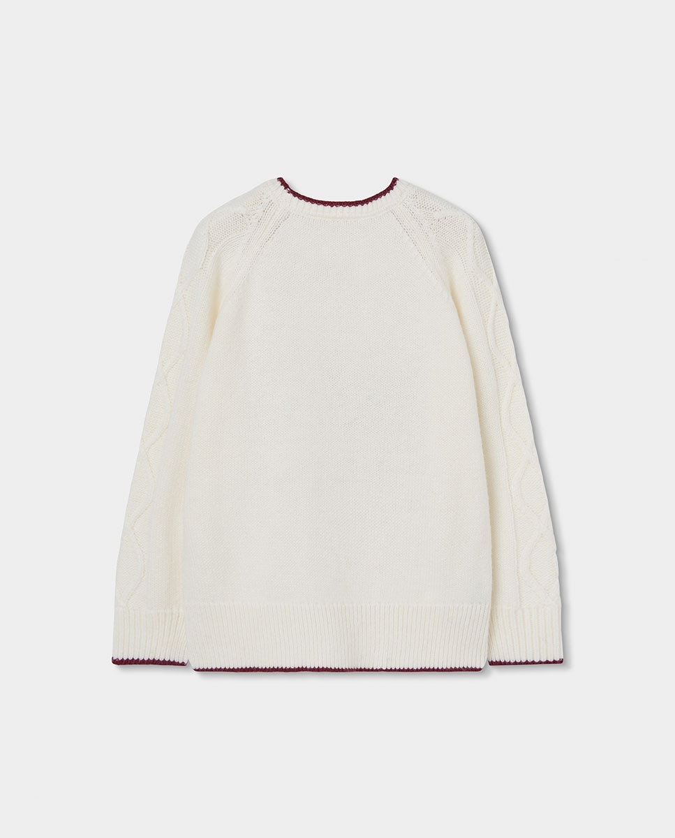 Camisola de Tricô Infantil de Manga Comprida com Gola Redonda Branco / Bordeaux-2