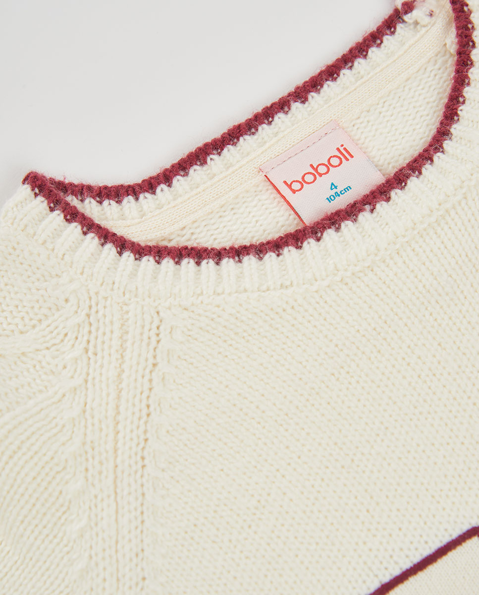 Camisola de Tricô Infantil de Manga Comprida com Gola Redonda Branco / Bordeaux-3