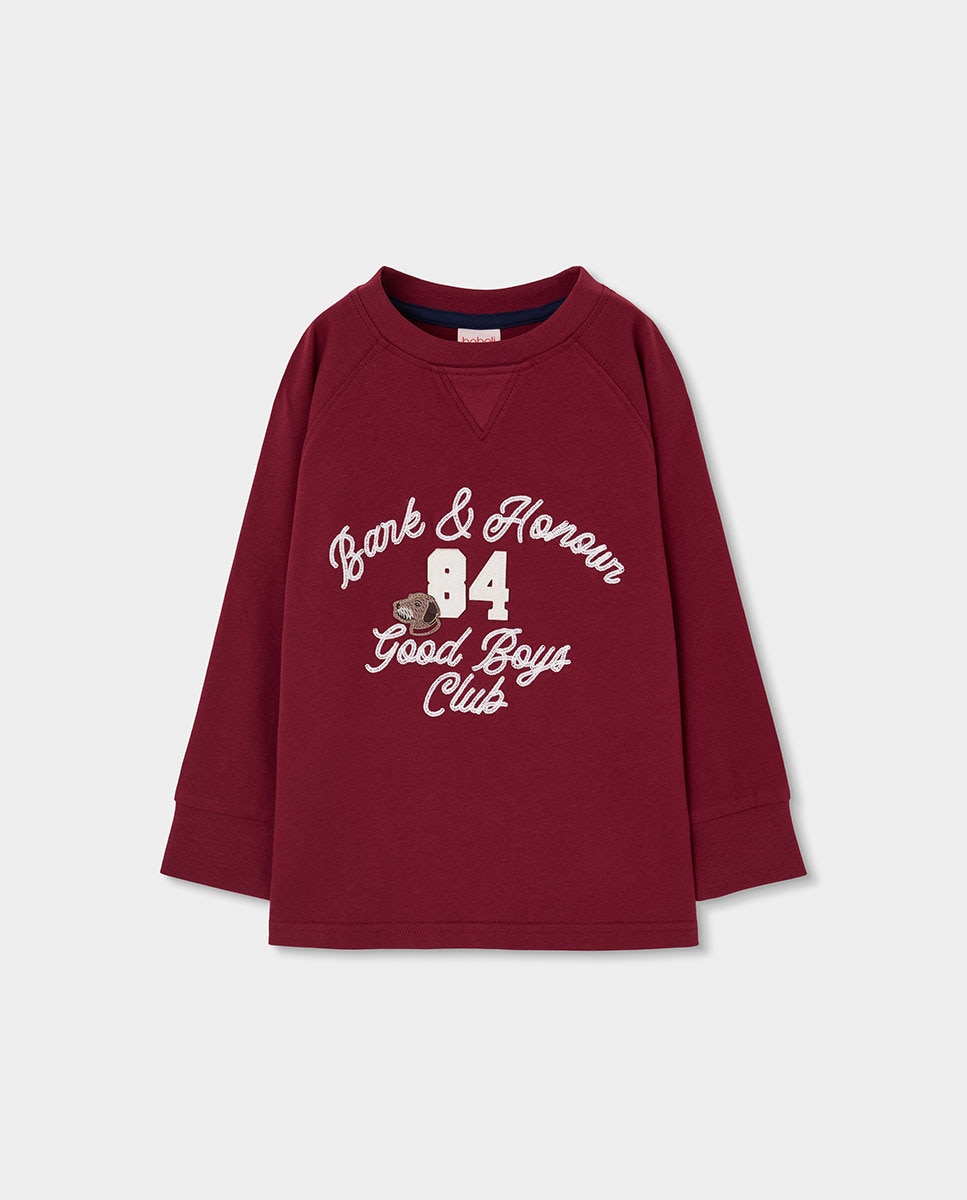 T-shirt Infantil de Algodão de Manga Comprida com Gola Redonda Grená-2