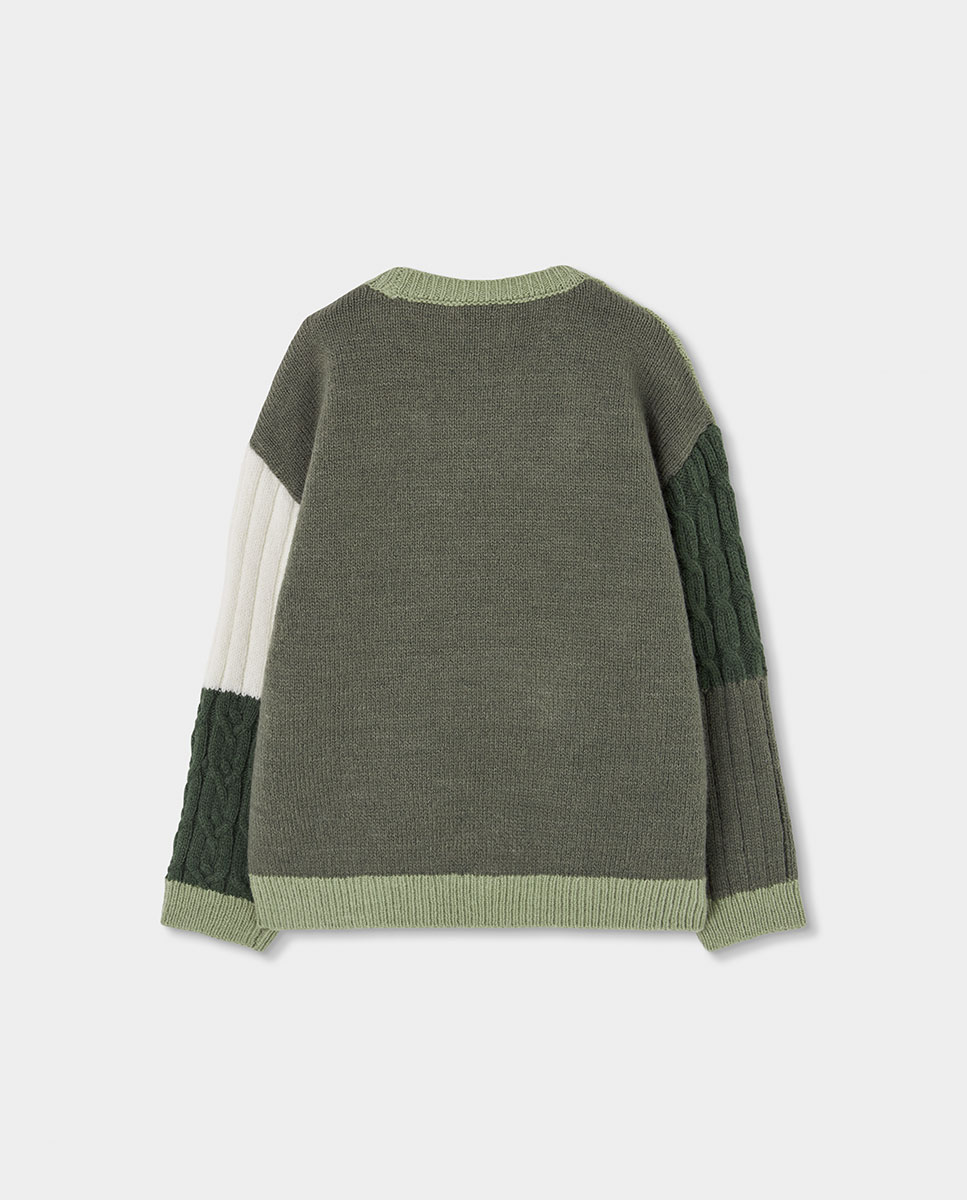 Camisola de Malha Infantil de Manga Comprida com Gola Redonda Branco / Verde-2