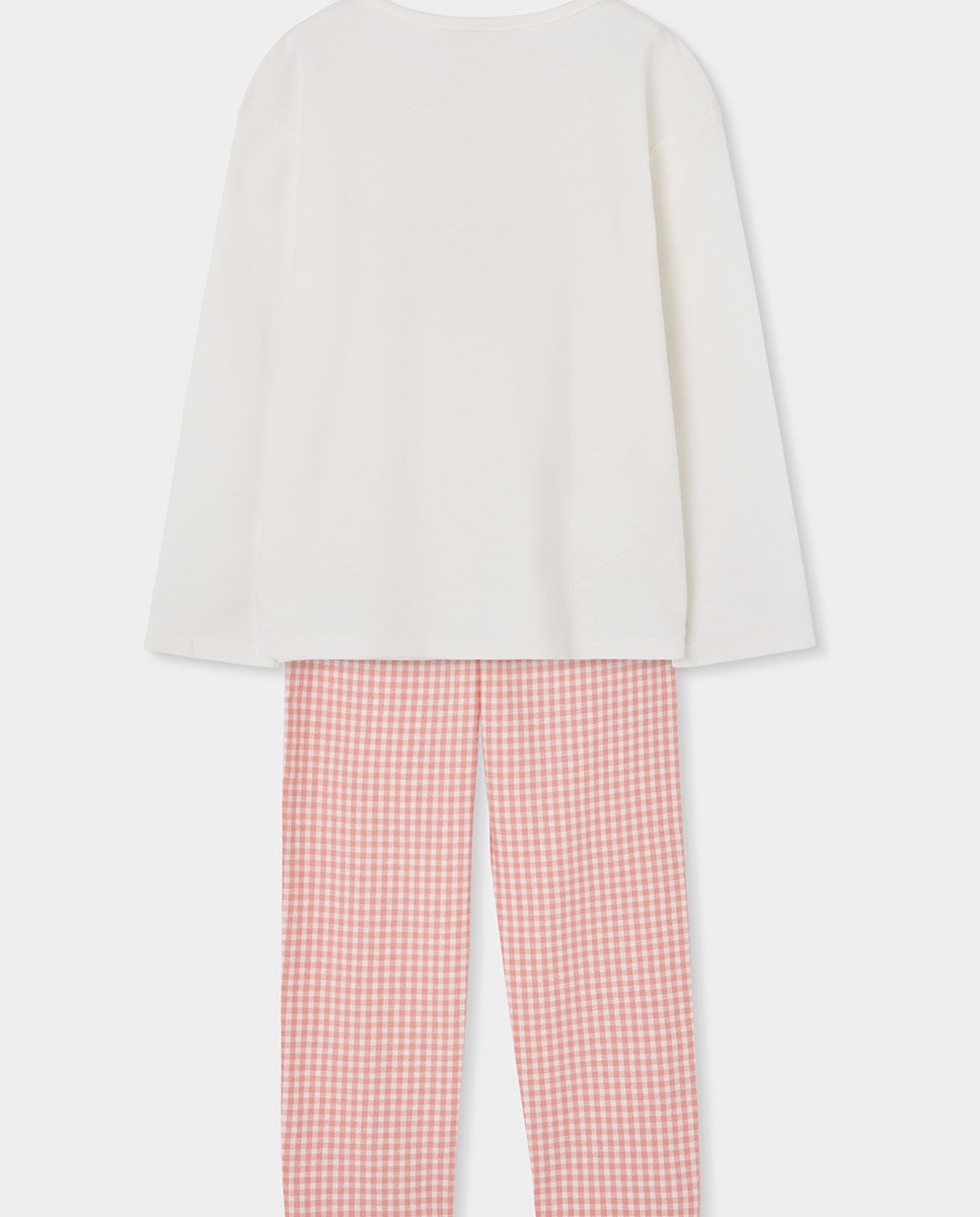 Pijama de Canelado Infantil de Algodão Aos Quadrados Rosa / Branco-2