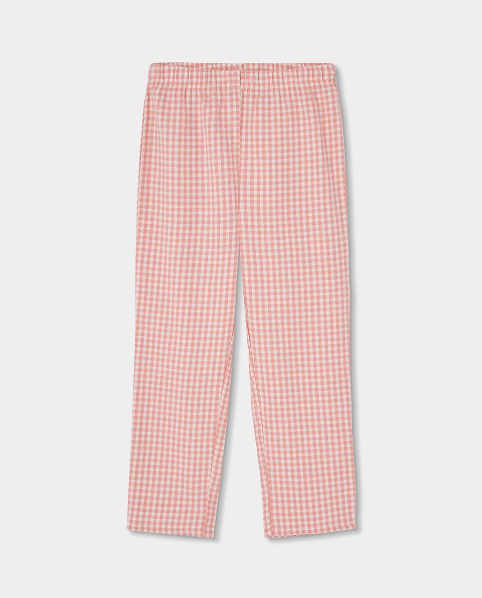 Pijama de Canelado Infantil de Algodão Aos Quadrados Rosa / Branco-4