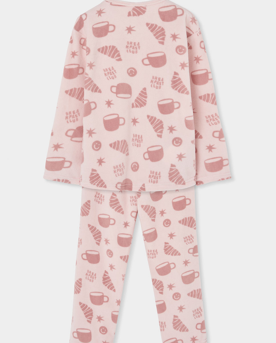 Pijama de Veludo Infantil de Manga Comprida com Gola Redonda Boboli Rosa-2
