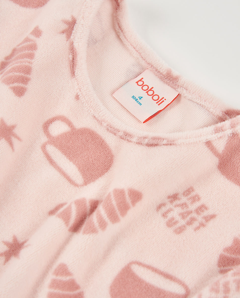 Pijama de Veludo Infantil de Manga Comprida com Gola Redonda Boboli Rosa-7