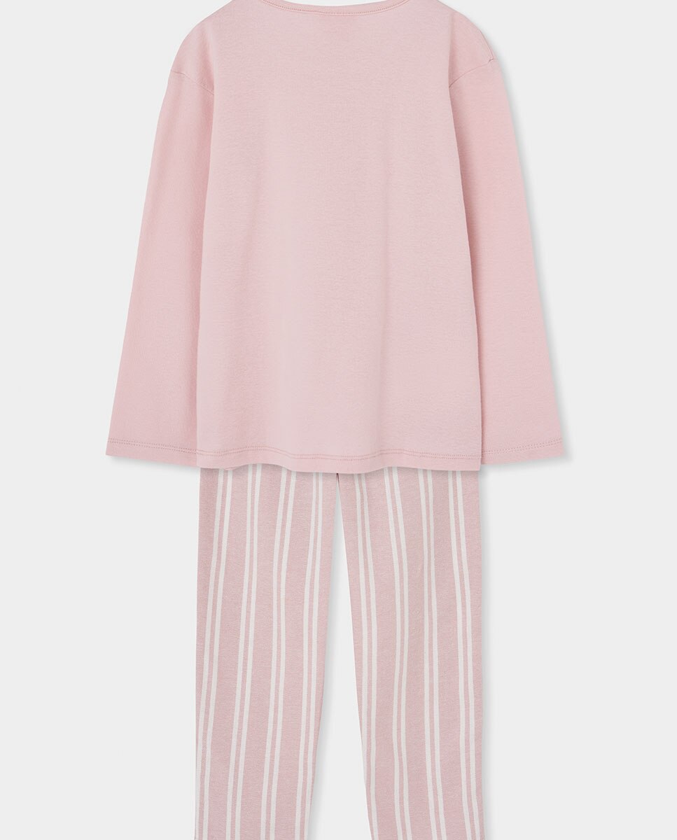 Pijama de Veludo Infantil de Manga Comprida com Gola Redonda Rosa / Branco-2
