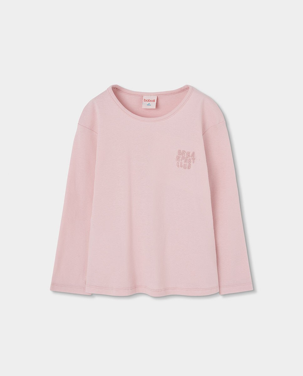 Pijama de Veludo Infantil de Manga Comprida com Gola Redonda Rosa / Branco-3