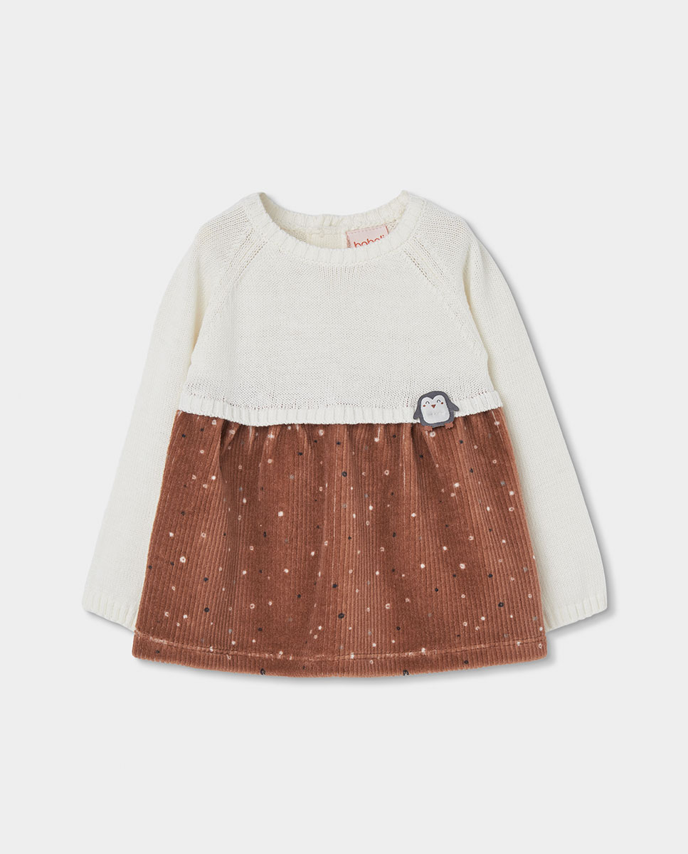 Vestido de Tricotosa para Bebé de Manga Comprida com Gola Redonda Castanho-1