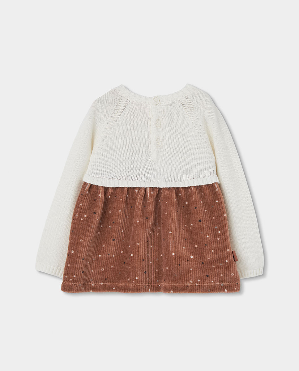 Vestido de Tricotosa para Bebé de Manga Comprida com Gola Redonda Castanho-2